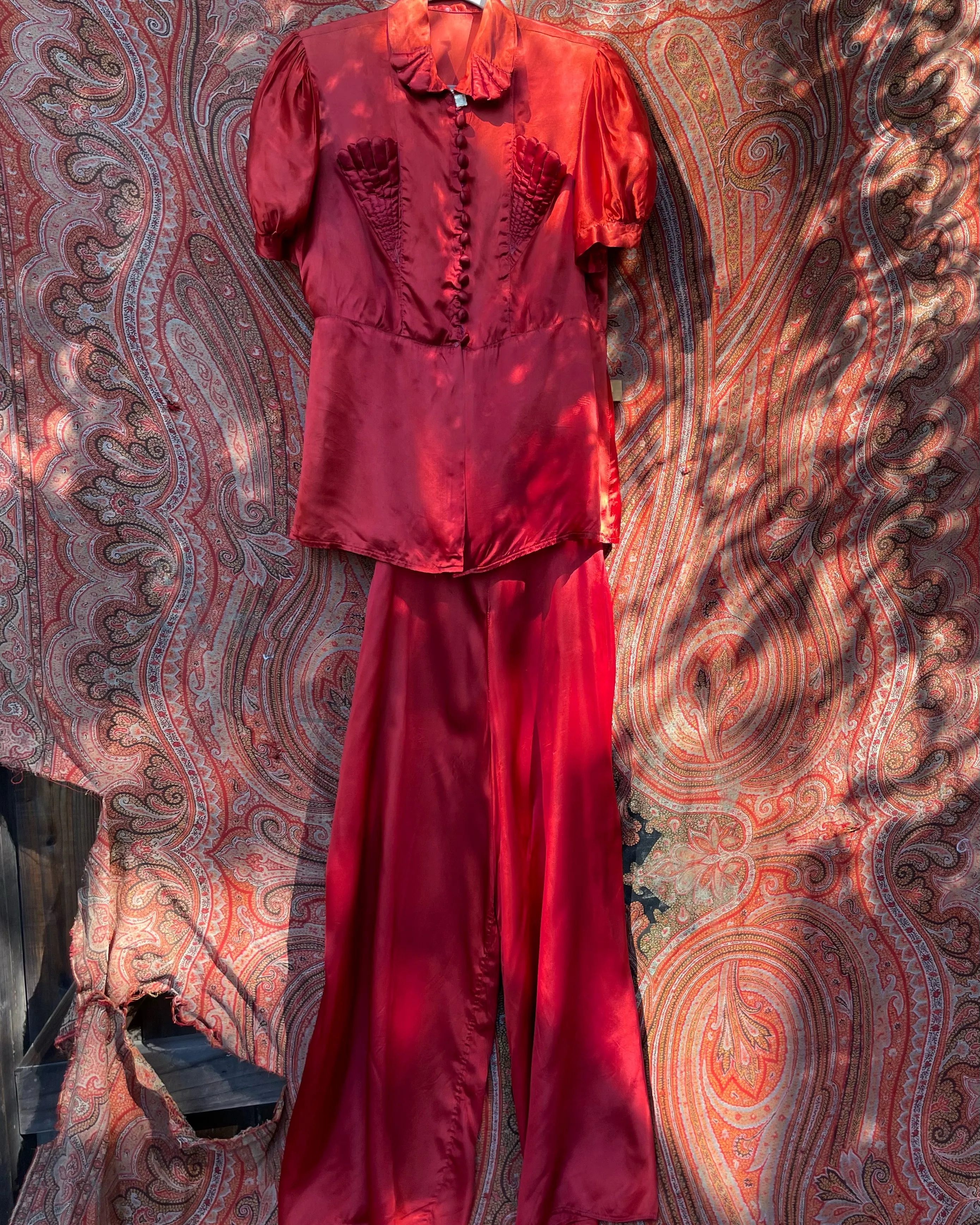 1940s Crimson Liquid Satin Two Piece Palazzo Pant Set