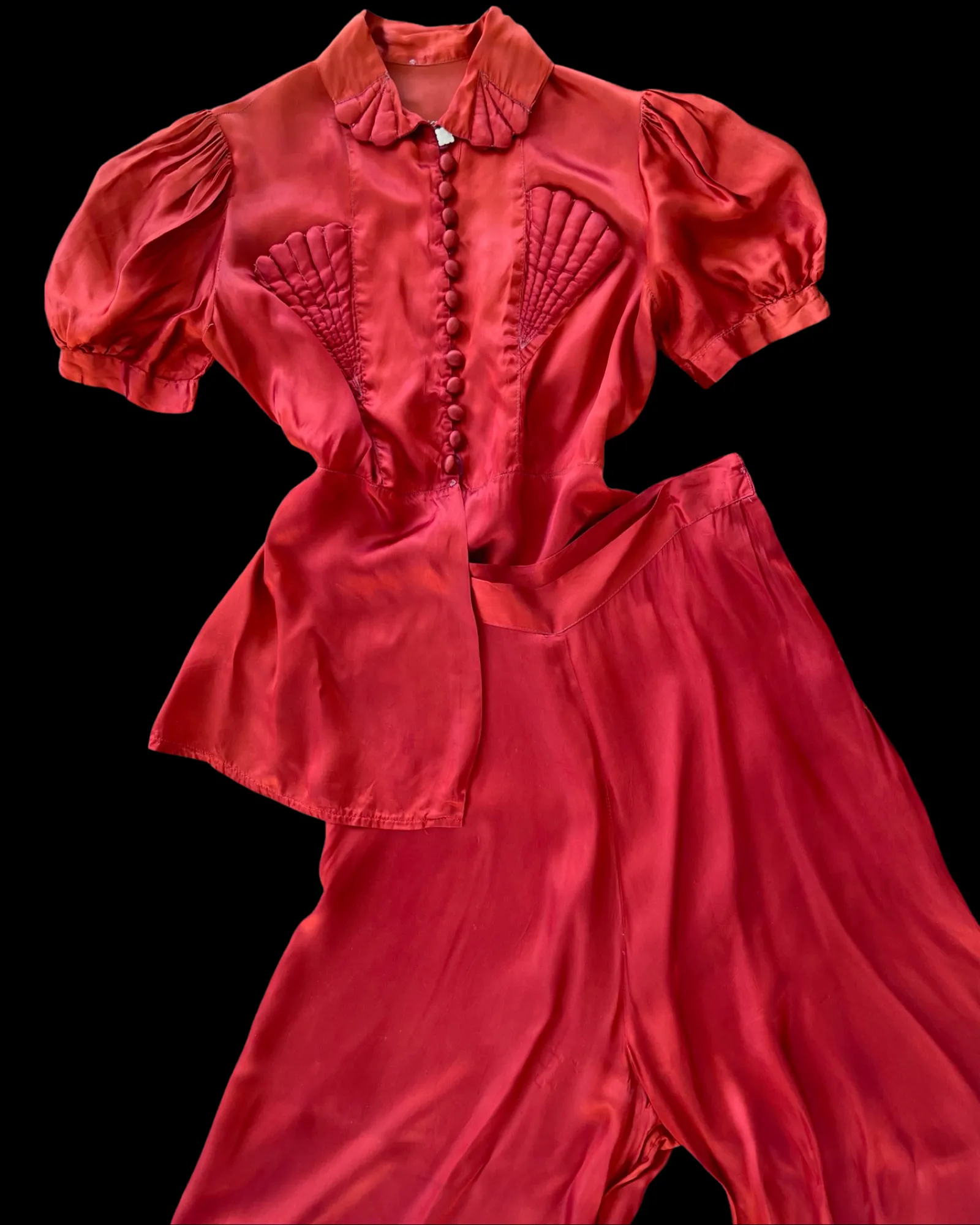 1940s Crimson Liquid Satin Two Piece Palazzo Pant Set