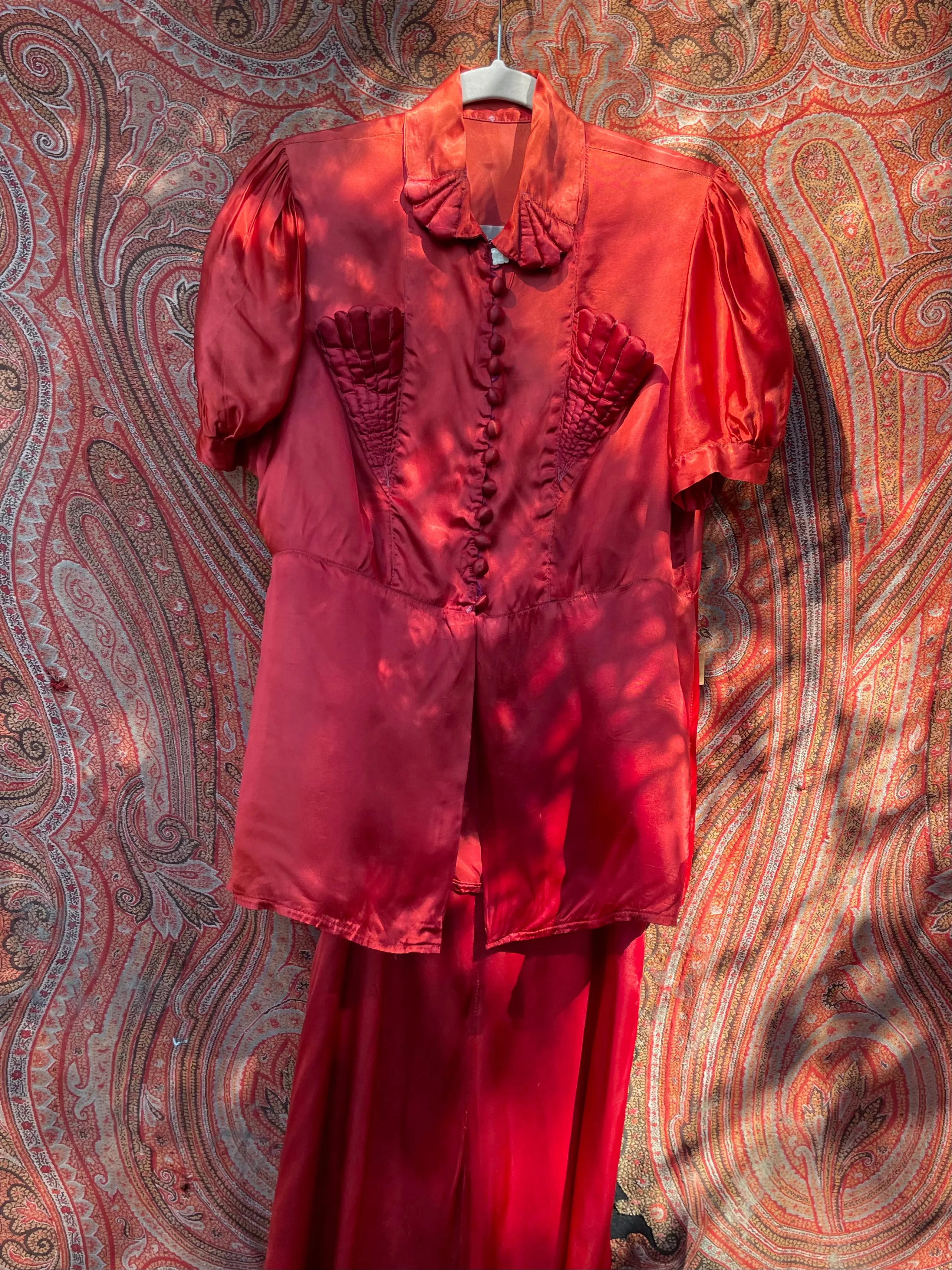 1940s Crimson Liquid Satin Two Piece Palazzo Pant Set