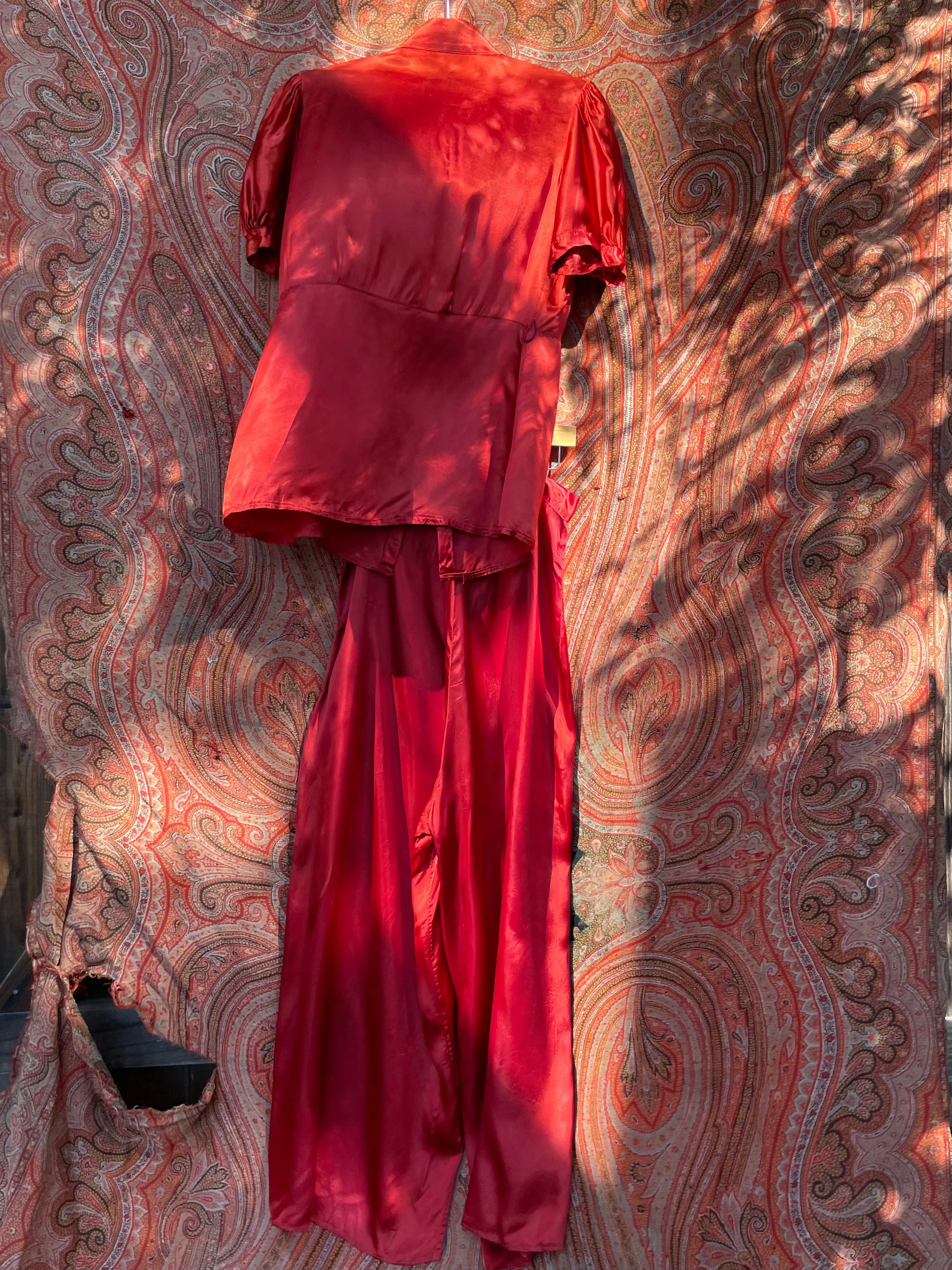 1940s Crimson Liquid Satin Two Piece Palazzo Pant Set