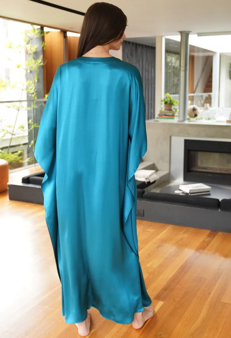 Aquamarine Silk Charmeuse V-Neck Placket Long Caftan - Sale