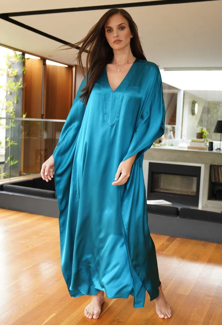 Aquamarine Silk Charmeuse V-Neck Placket Long Caftan - Sale