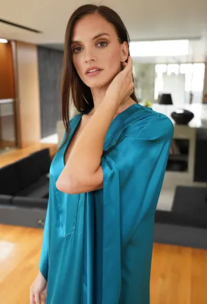 Aquamarine Silk Charmeuse V-Neck Placket Long Caftan - Sale