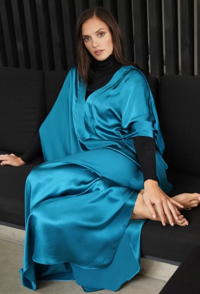 Aquamarine Silk Charmeuse V-Neck Placket Long Caftan - Sale