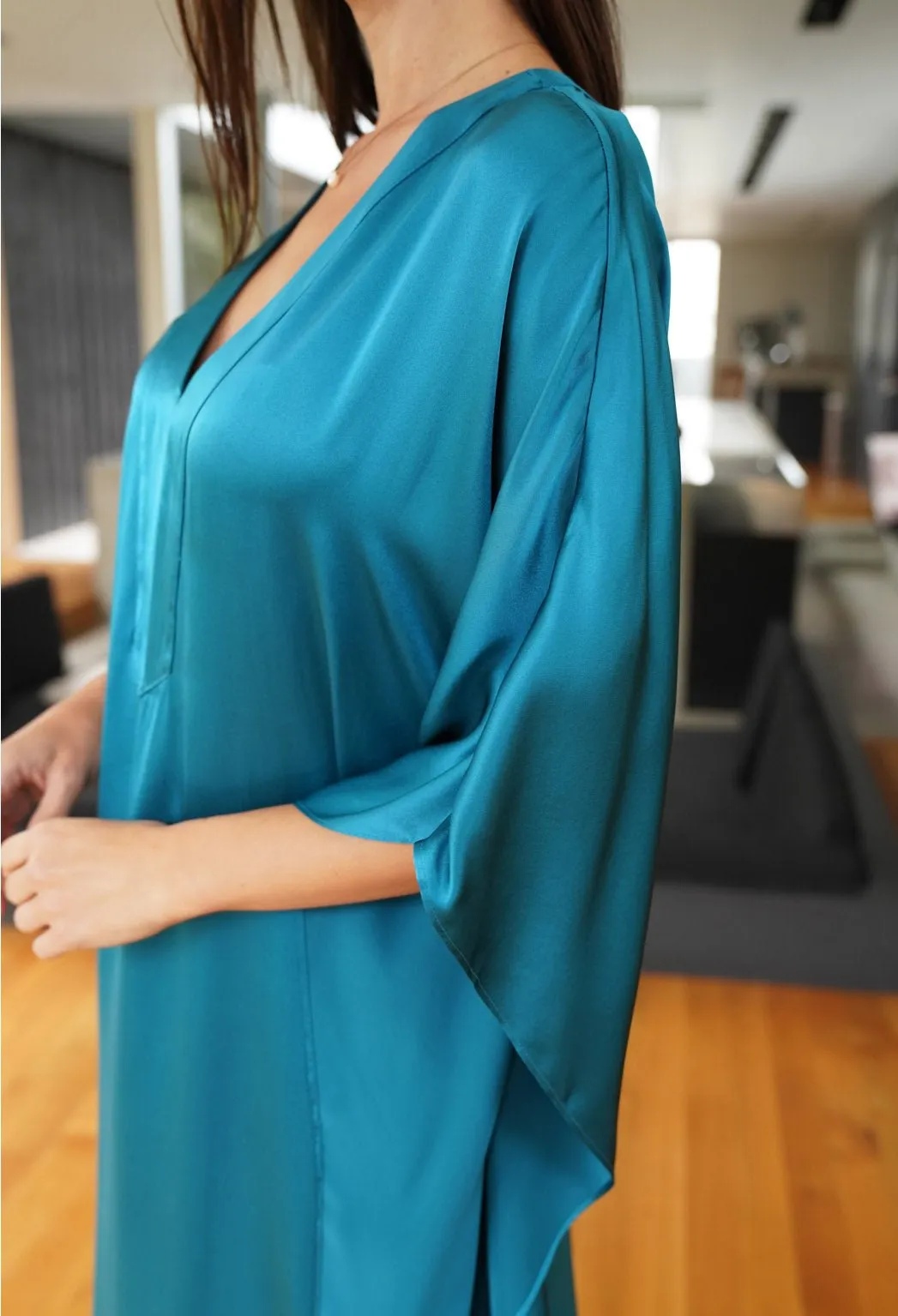 Aquamarine Silk Charmeuse V-Neck Placket Long Caftan - Sale