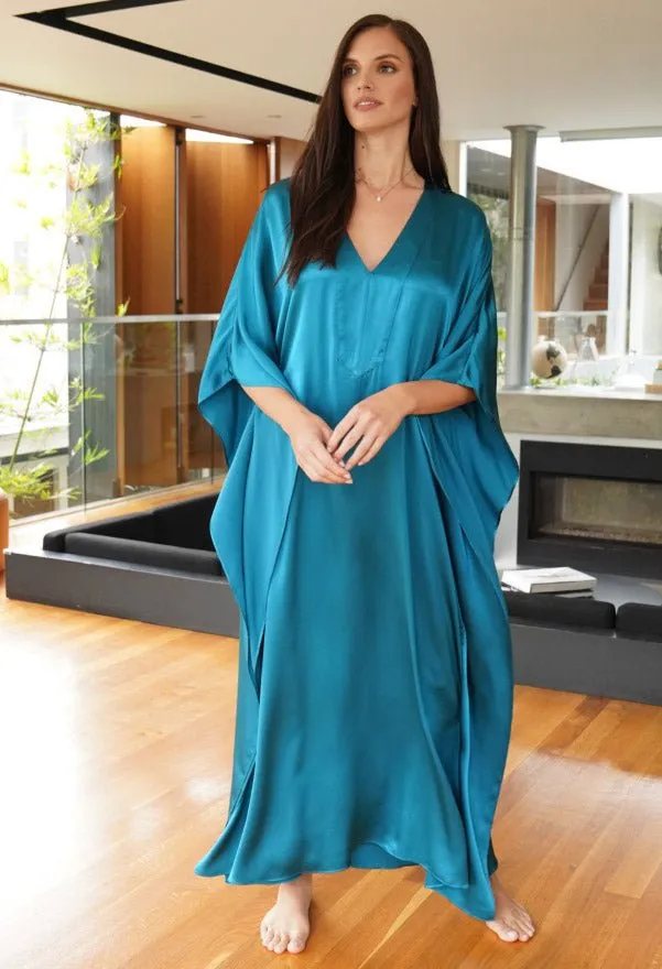 Aquamarine Silk Charmeuse V-Neck Placket Long Caftan - Sale