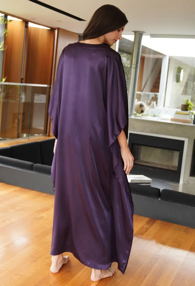 Aubergine Silk Charmeuse V-Neck Placket Long Caftan - Sale