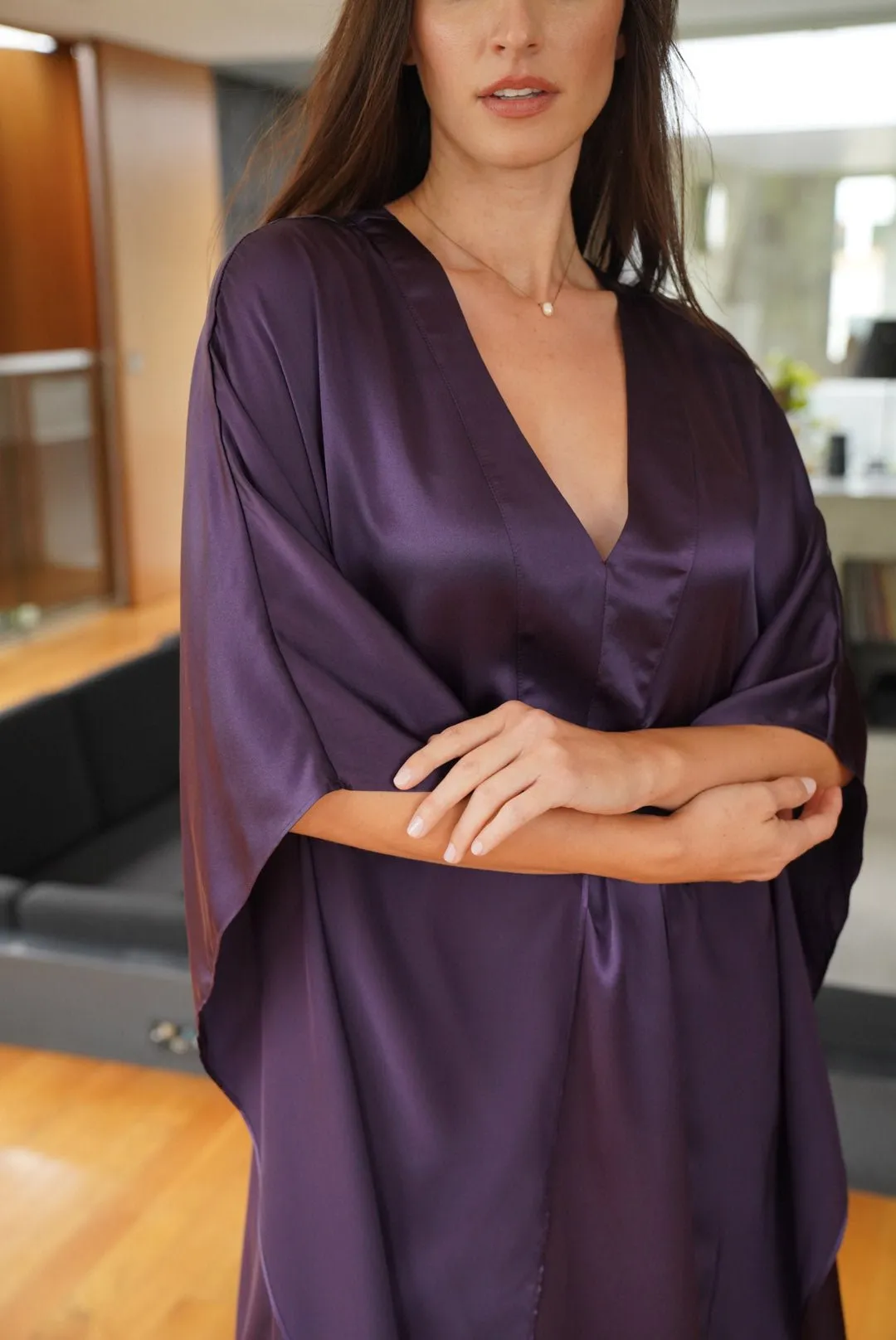 Aubergine Silk Charmeuse V-Neck Placket Long Caftan - Sale