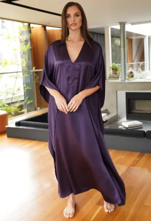 Aubergine Silk Charmeuse V-Neck Placket Long Caftan - Sale