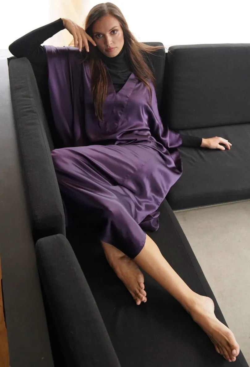 Aubergine Silk Charmeuse V-Neck Placket Long Caftan - Sale