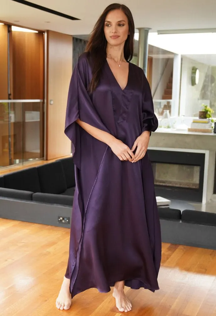 Aubergine Silk Charmeuse V-Neck Placket Long Caftan - Sale