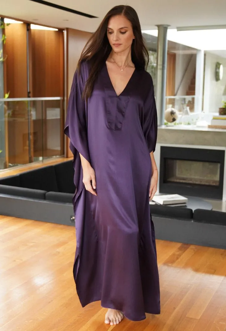 Aubergine Silk Charmeuse V-Neck Placket Long Caftan - Sale