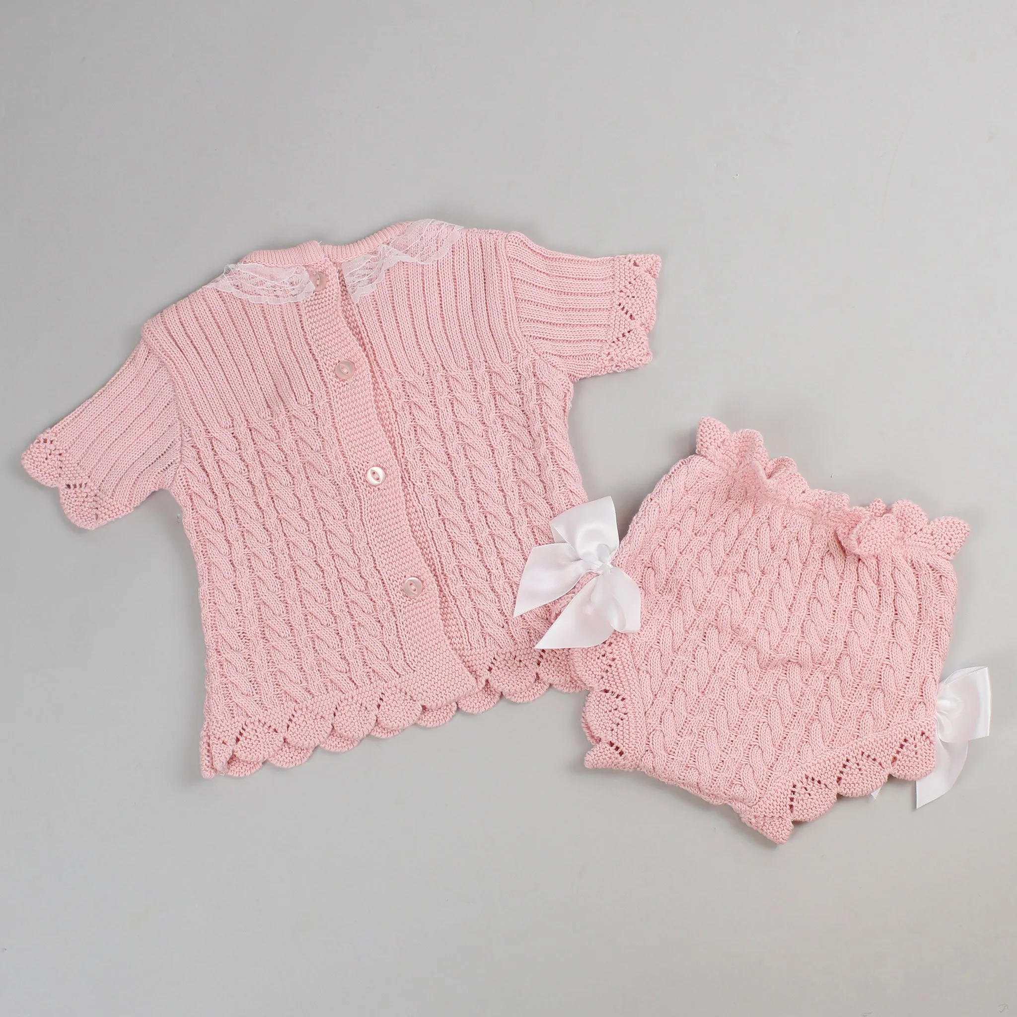 Baby Girls 2 Piece Knitted Outfit - Jam Pants and Top - Pink