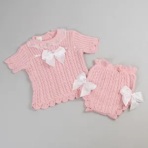 Baby Girls 2 Piece Knitted Outfit - Jam Pants and Top - Pink