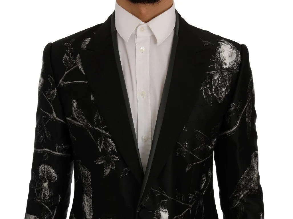 Black Bird Print Silk Slim Blazer Jacket