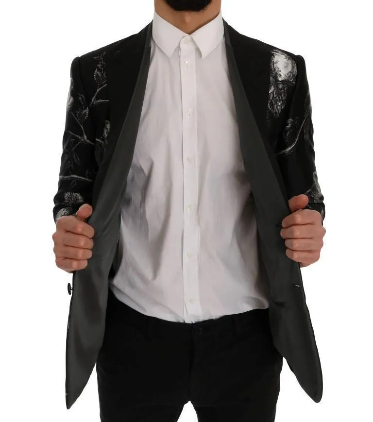Black Bird Print Silk Slim Blazer Jacket