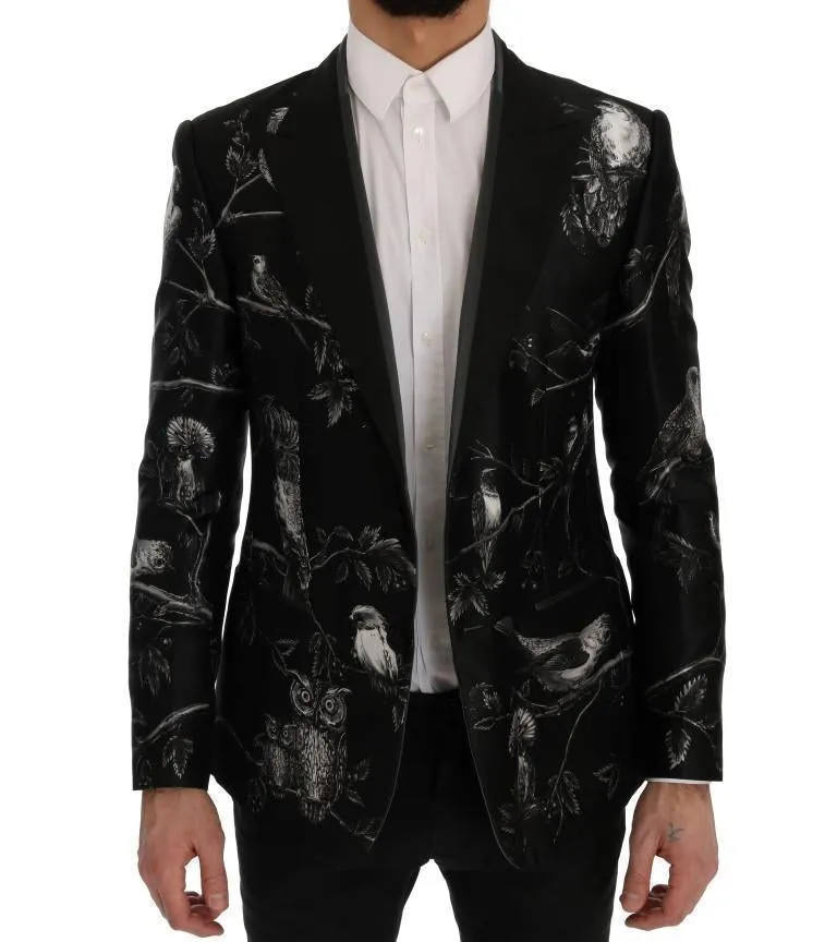 Black Bird Print Silk Slim Blazer Jacket
