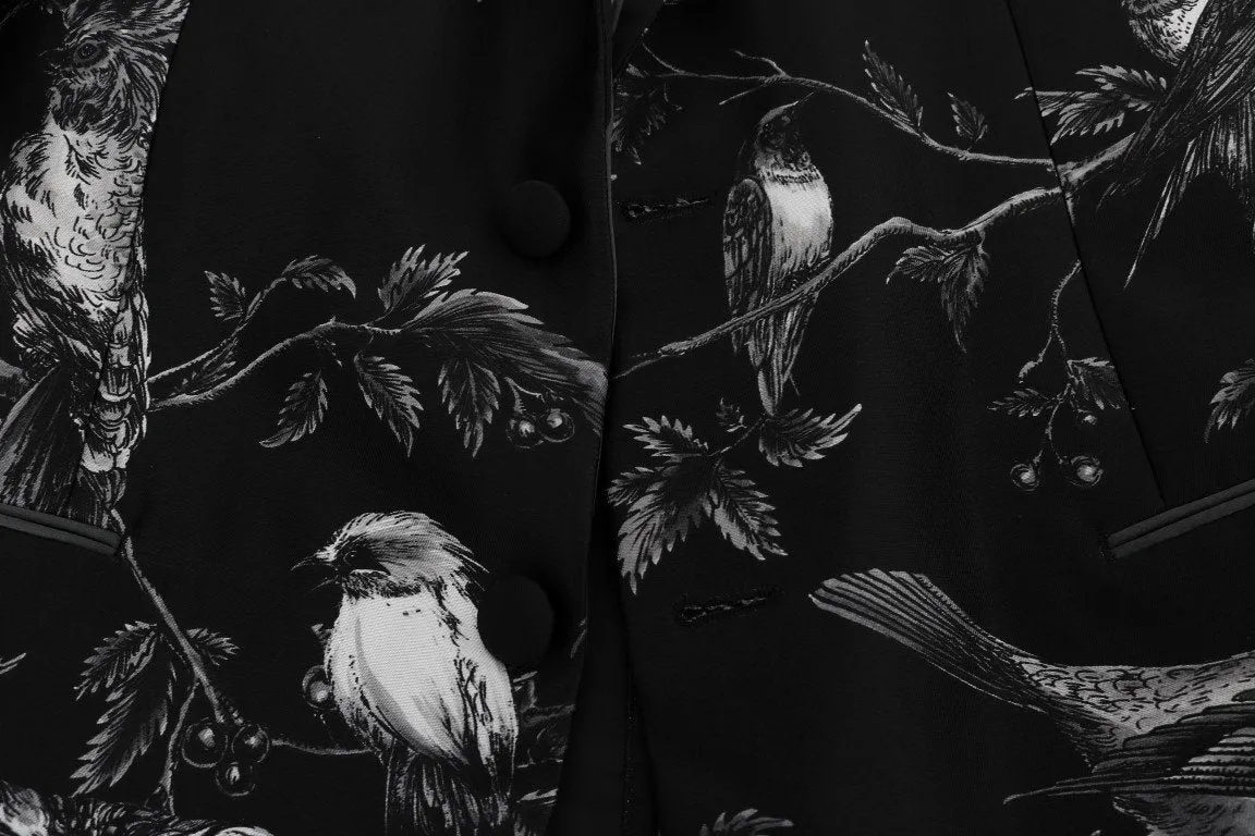 Black Bird Print Silk Slim Blazer Jacket