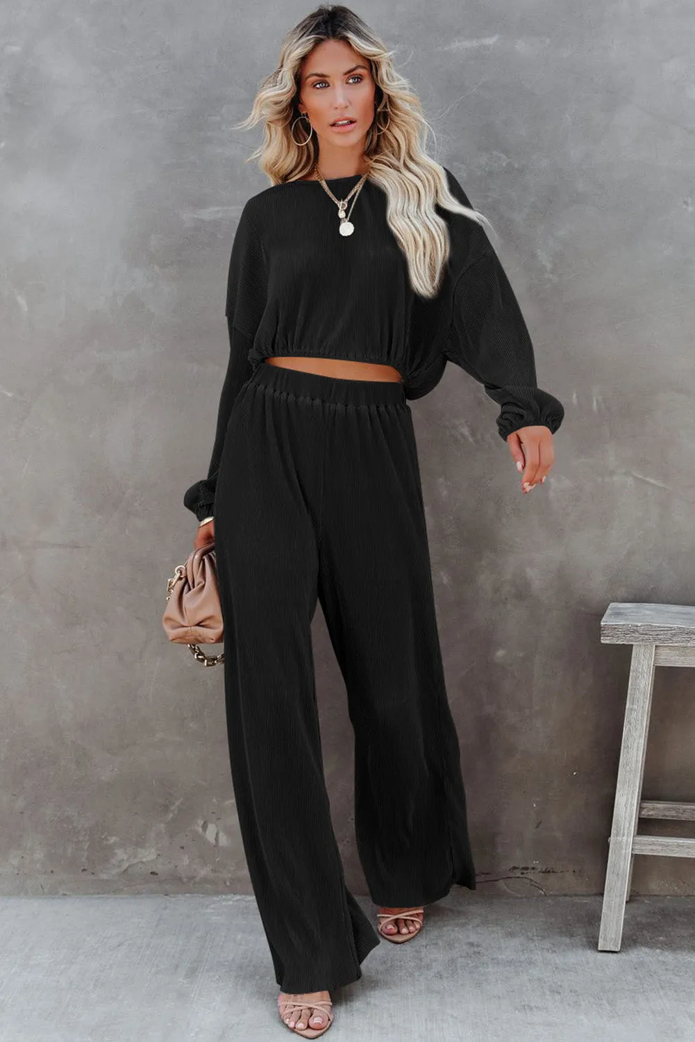 Black Corded Cropped Pullover and Wide Leg Pants Outfit