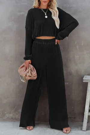 Black Corded Cropped Pullover and Wide Leg Pants Outfit