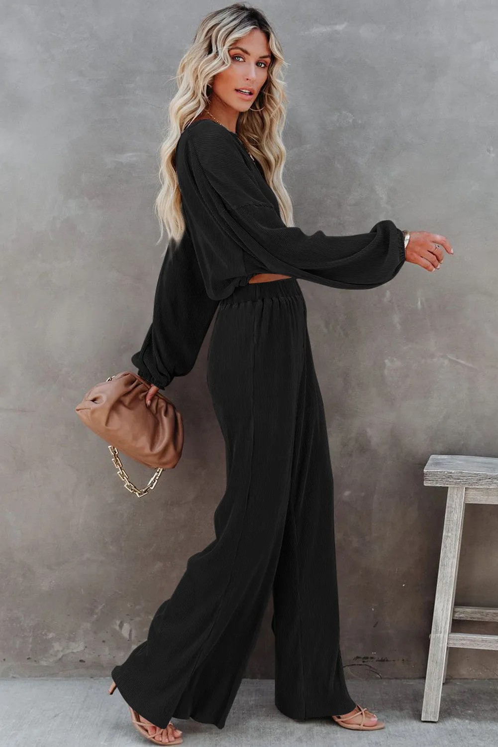 Black Corded Cropped Pullover and Wide Leg Pants Outfit