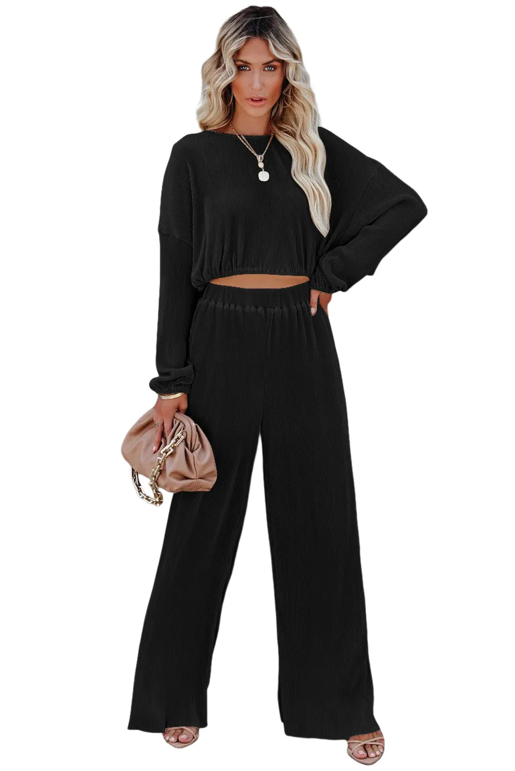 Black Corded Cropped Pullover and Wide Leg Pants Outfit