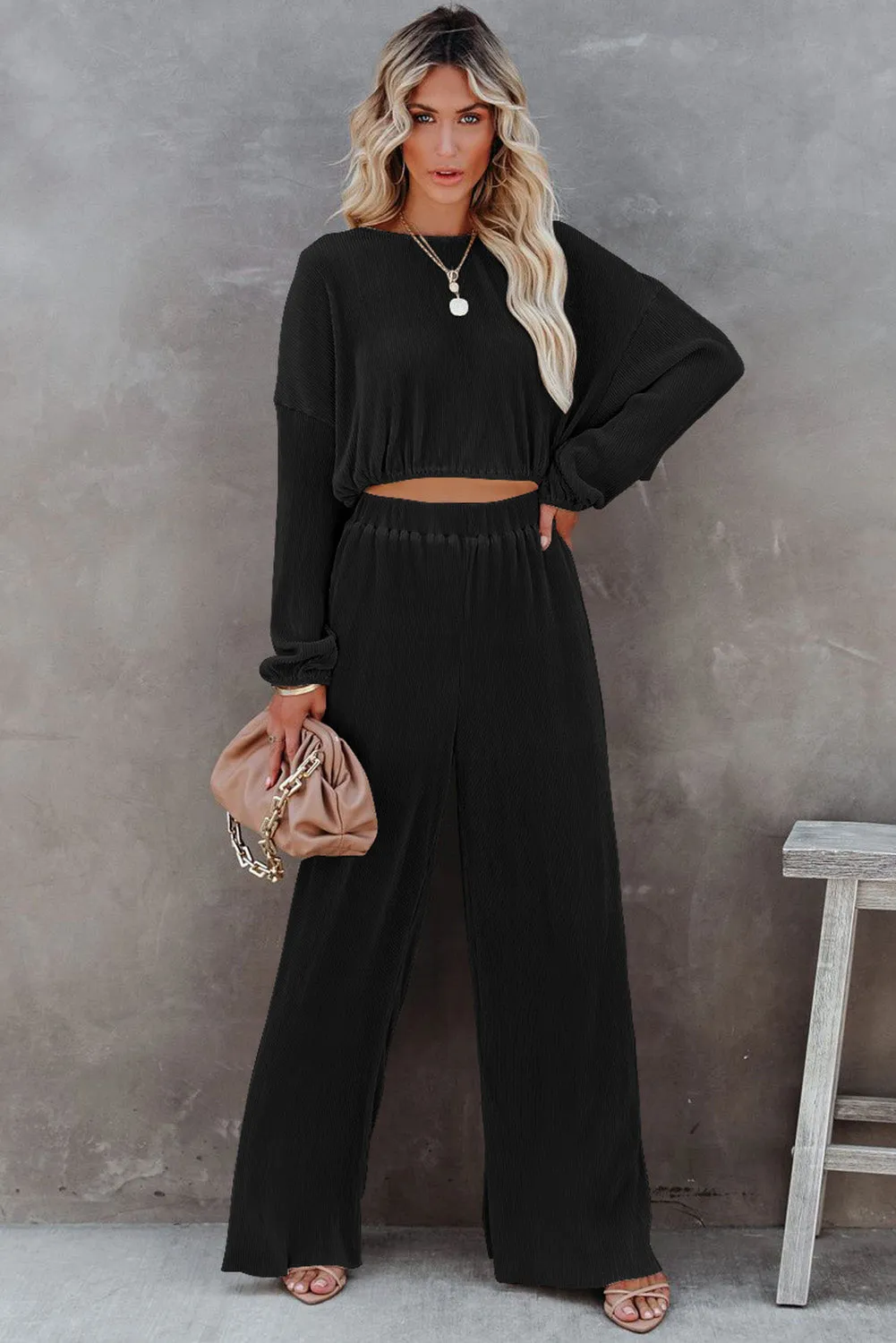 Black Corded Cropped Pullover and Wide Leg Pants Outfit