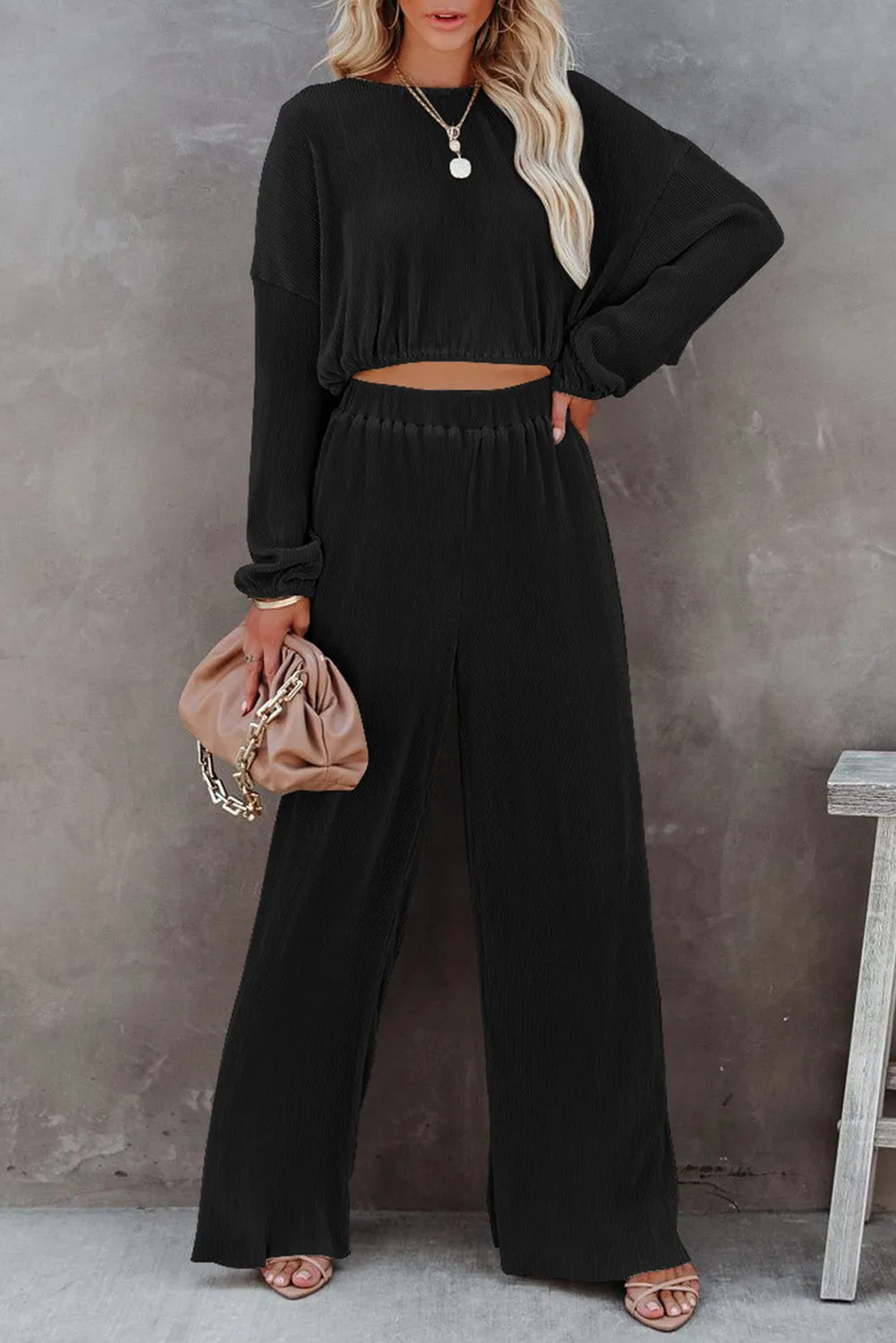 Black Corded Cropped Pullover and Wide Leg Pants Outfit