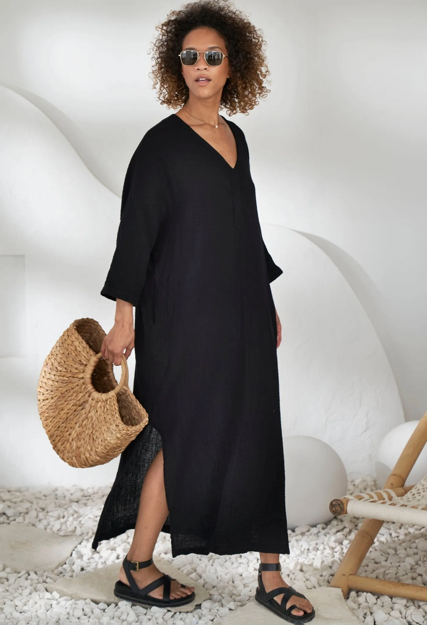Black Cotton Gauze Arc Seam Caftan