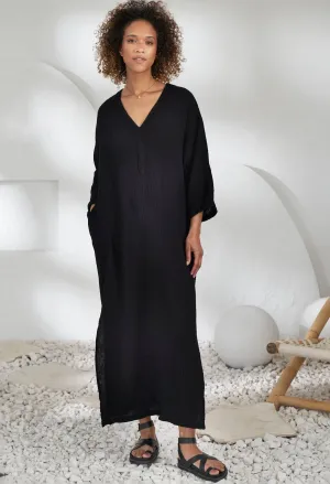 Black Cotton Gauze Arc Seam Caftan