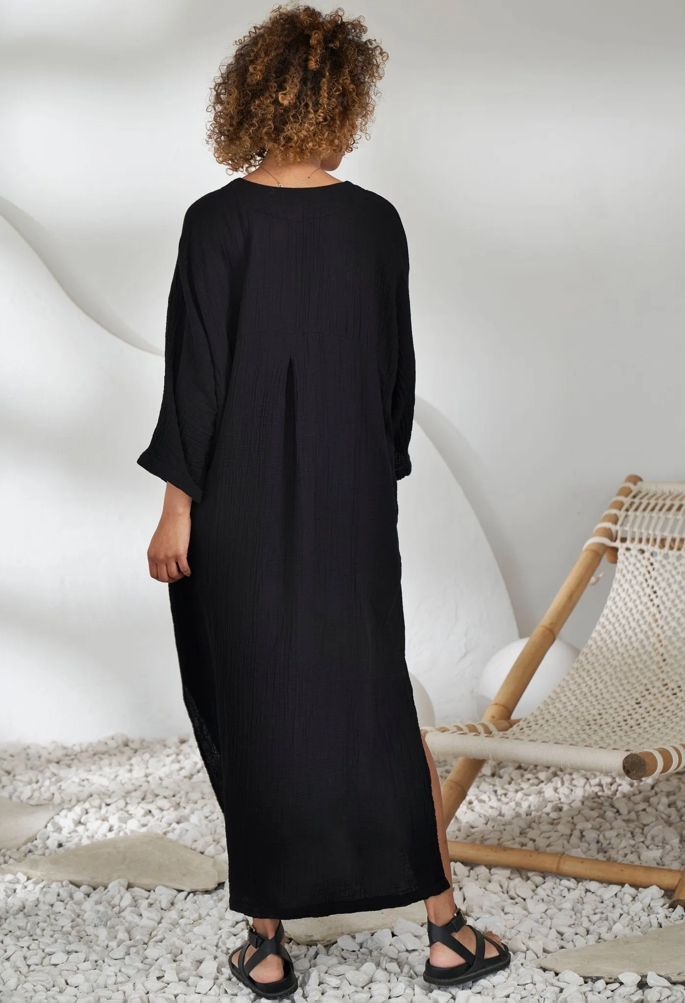 Black Cotton Gauze Arc Seam Caftan