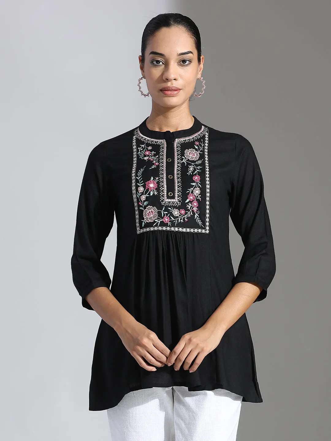 Black Embroidered Party Wear A-line Top