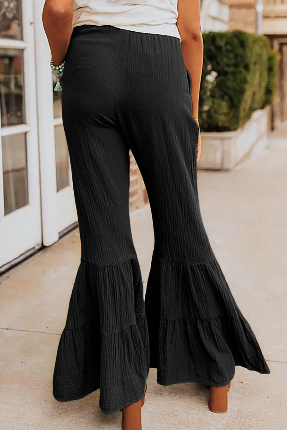 Black Green Textured High Waist Ruffled Bell Bottom Pants
