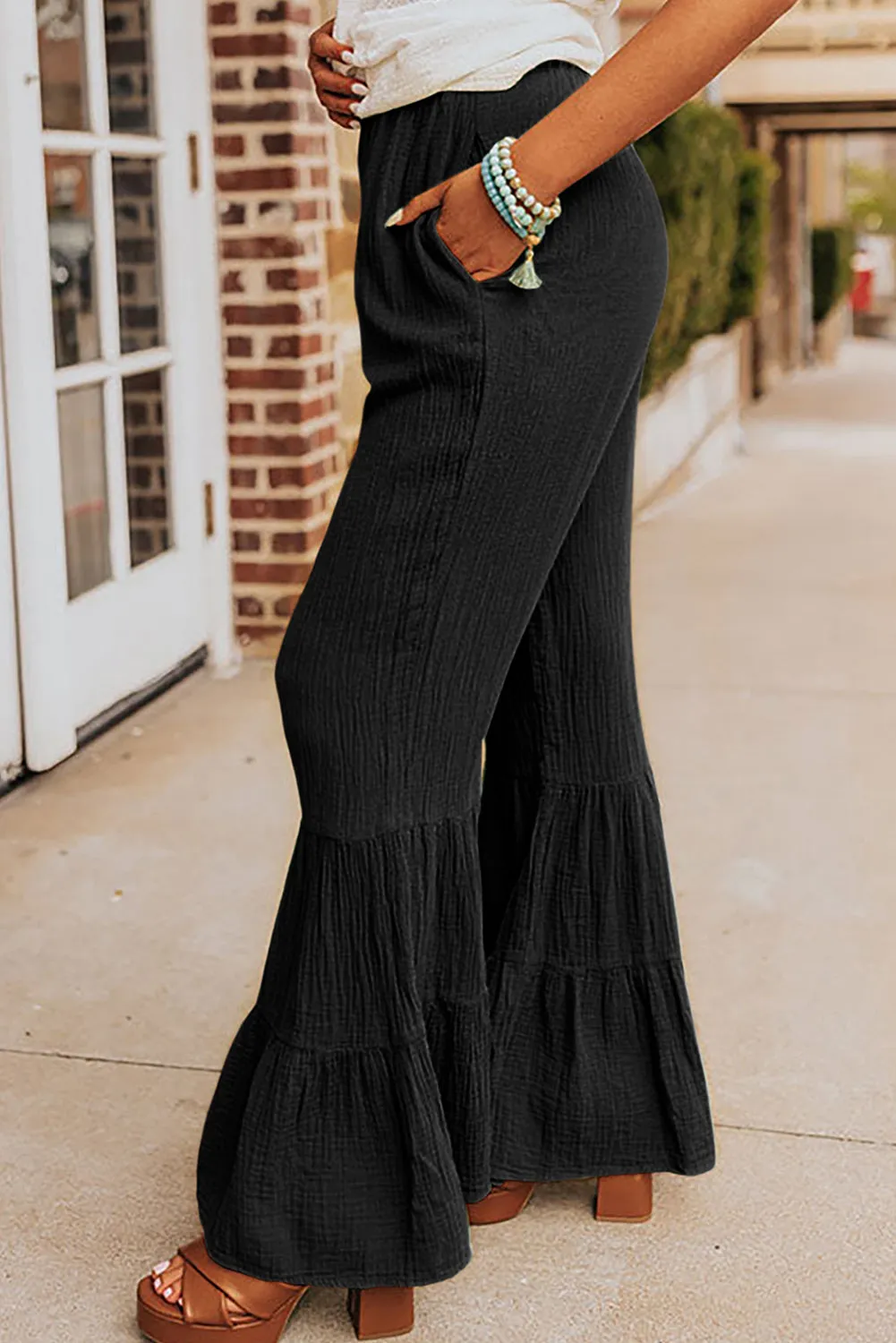 Black Green Textured High Waist Ruffled Bell Bottom Pants