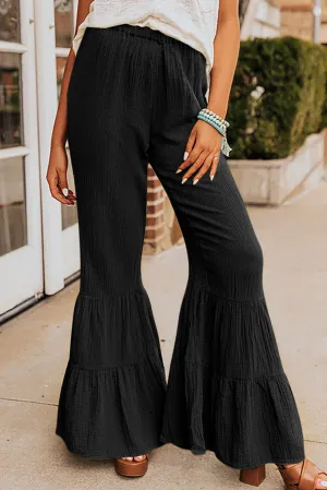Black Green Textured High Waist Ruffled Bell Bottom Pants