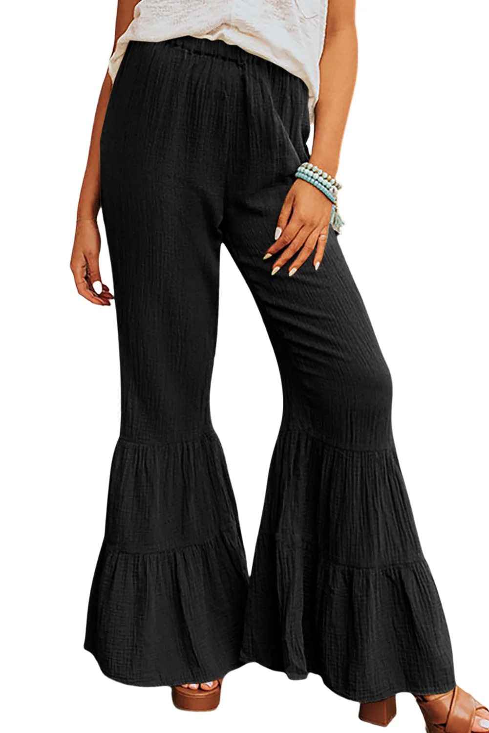Black Green Textured High Waist Ruffled Bell Bottom Pants