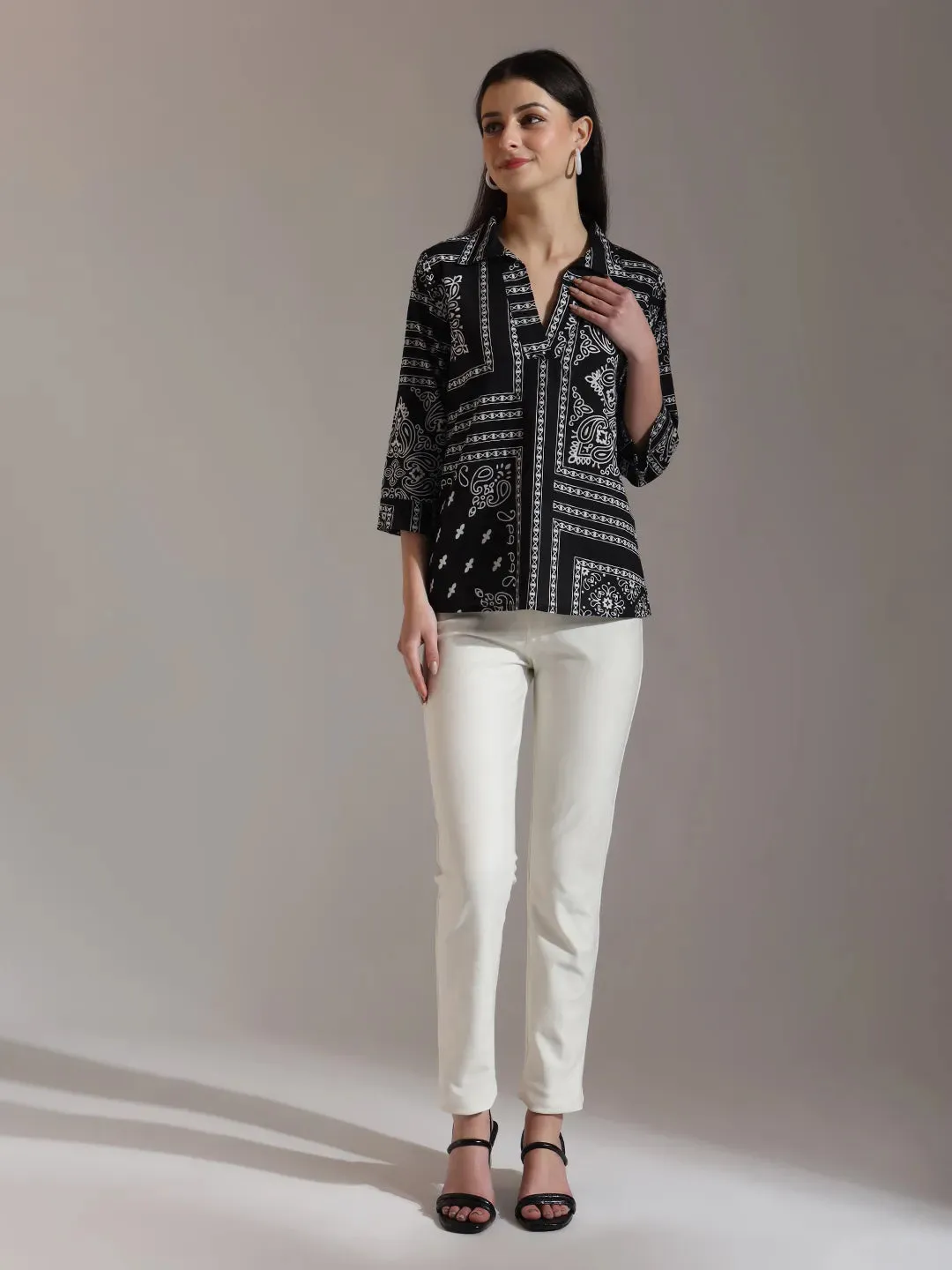Black Pure Cotton Boho Printed Top