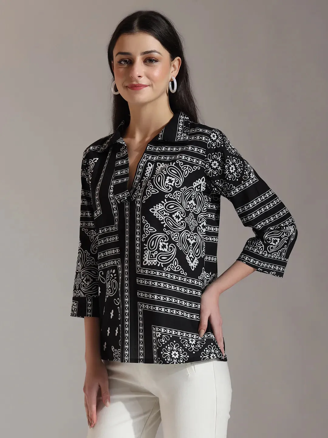 Black Pure Cotton Boho Printed Top