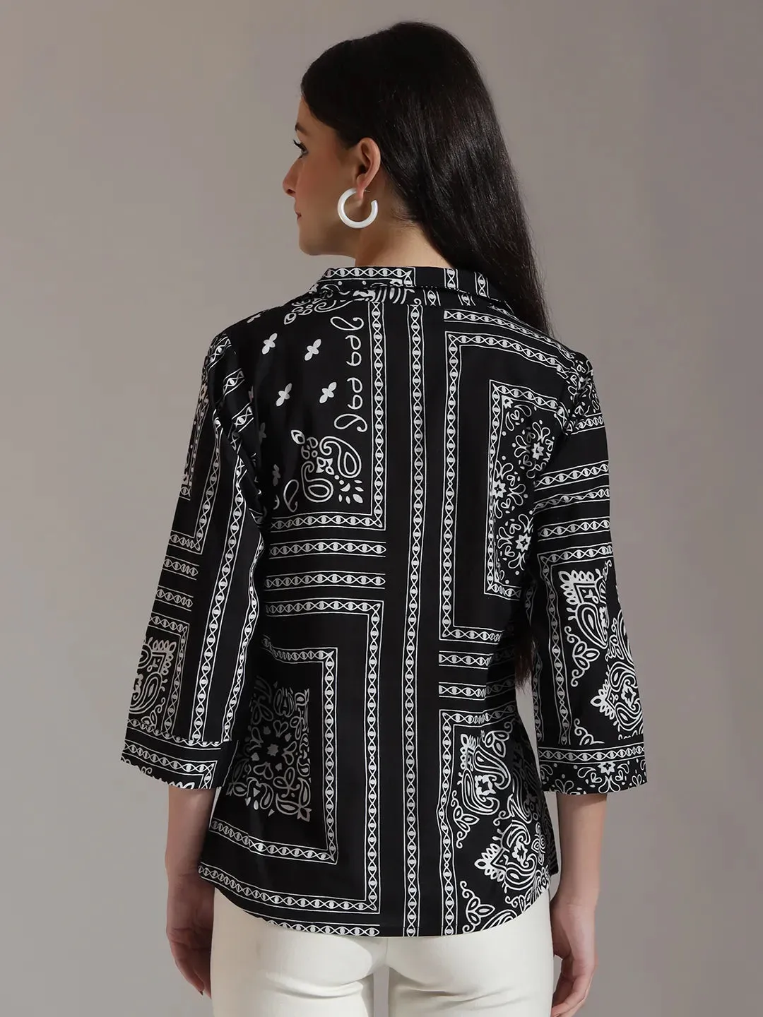 Black Pure Cotton Boho Printed Top
