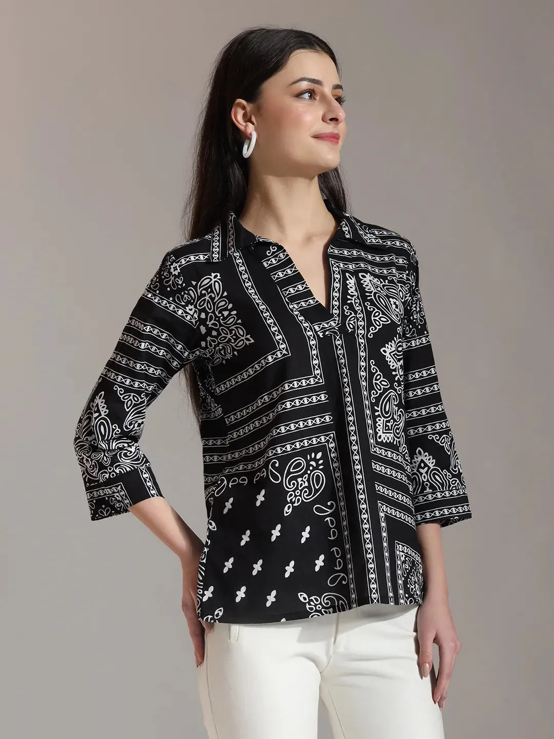 Black Pure Cotton Boho Printed Top