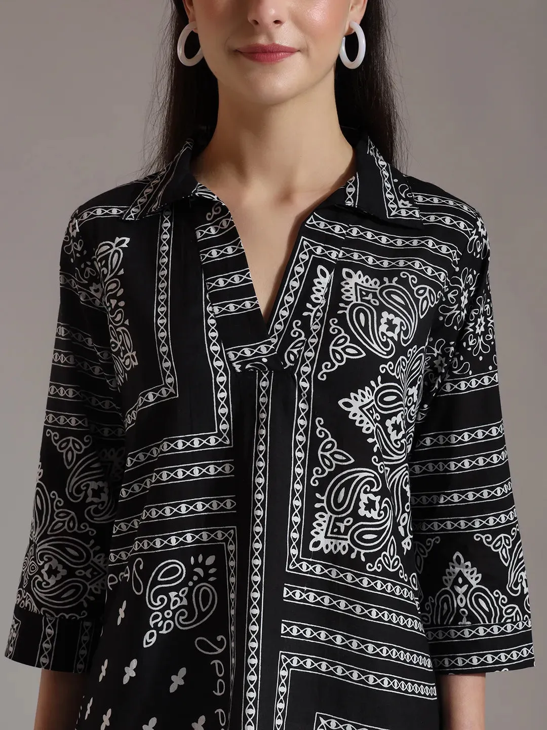 Black Pure Cotton Boho Printed Top