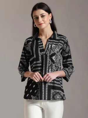 Black Pure Cotton Boho Printed Top
