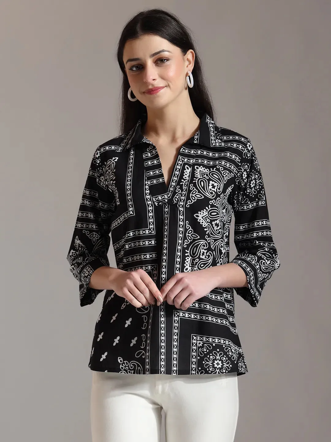 Black Pure Cotton Boho Printed Top