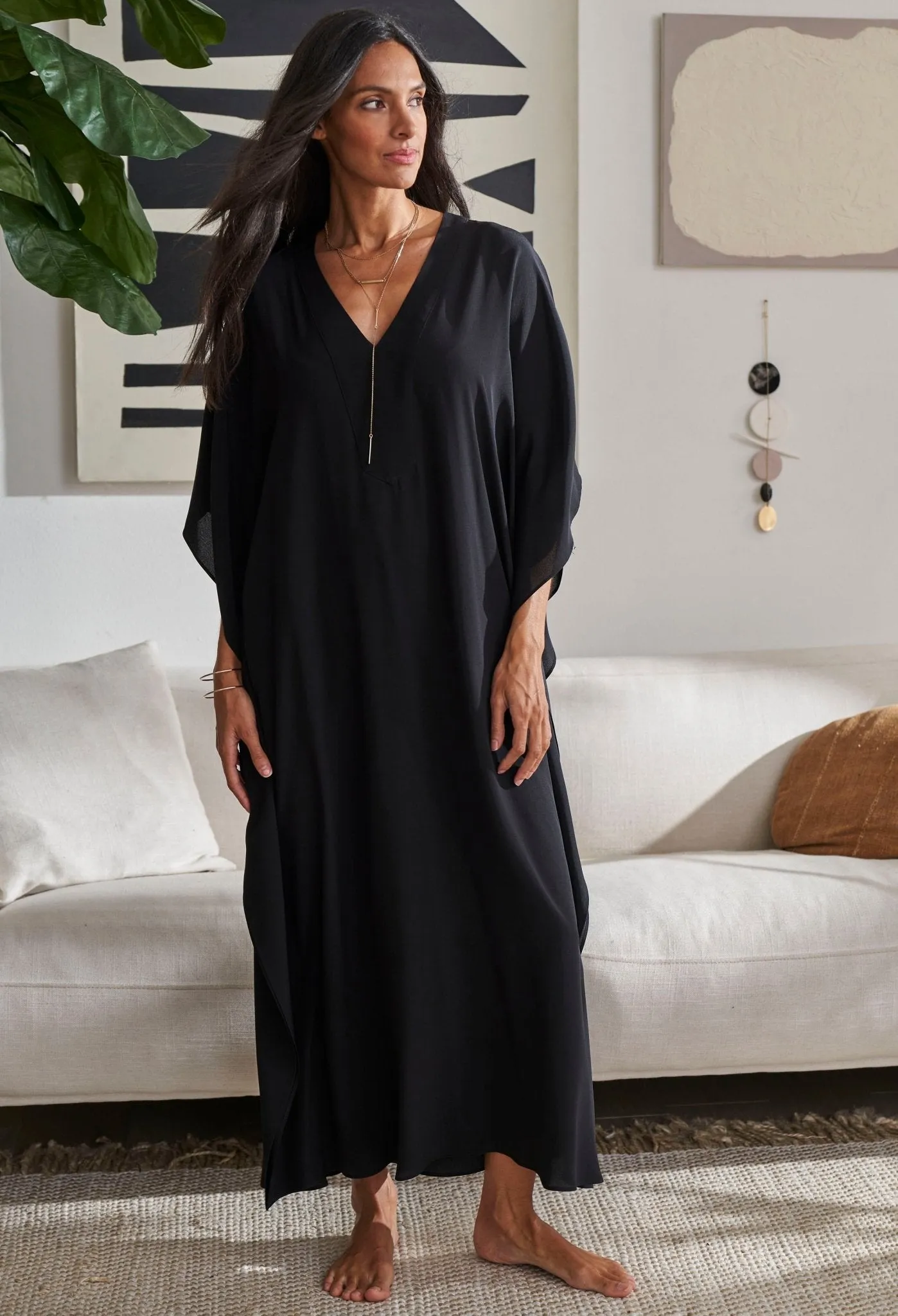 Black Silk V-Neck Placket Long Caftan