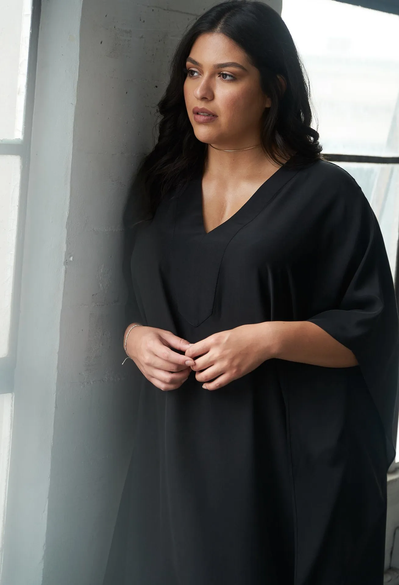 Black Silk V-Neck Placket Long Caftan