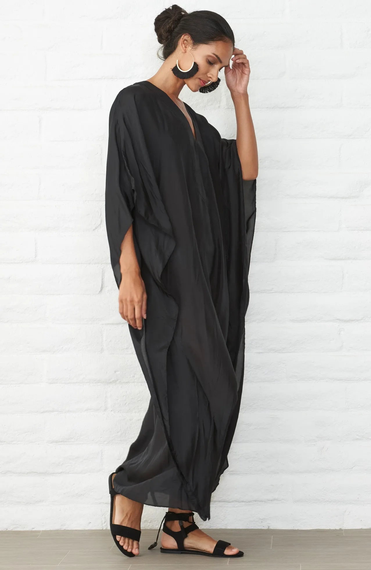 Black Silk V-Neck Placket Long Caftan