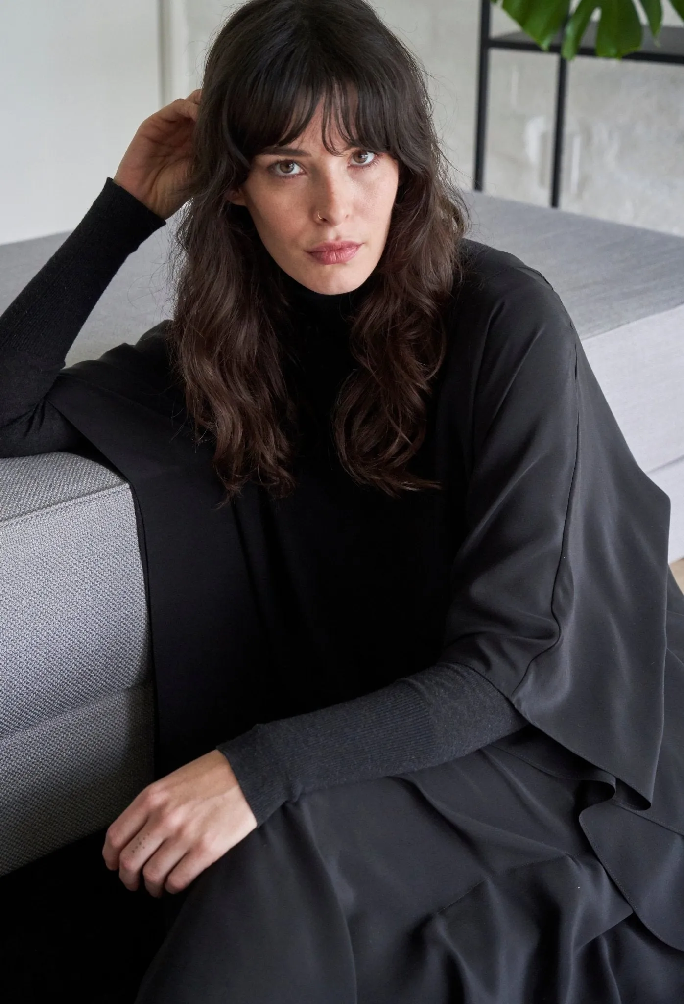 Black Silk V-Neck Placket Long Caftan
