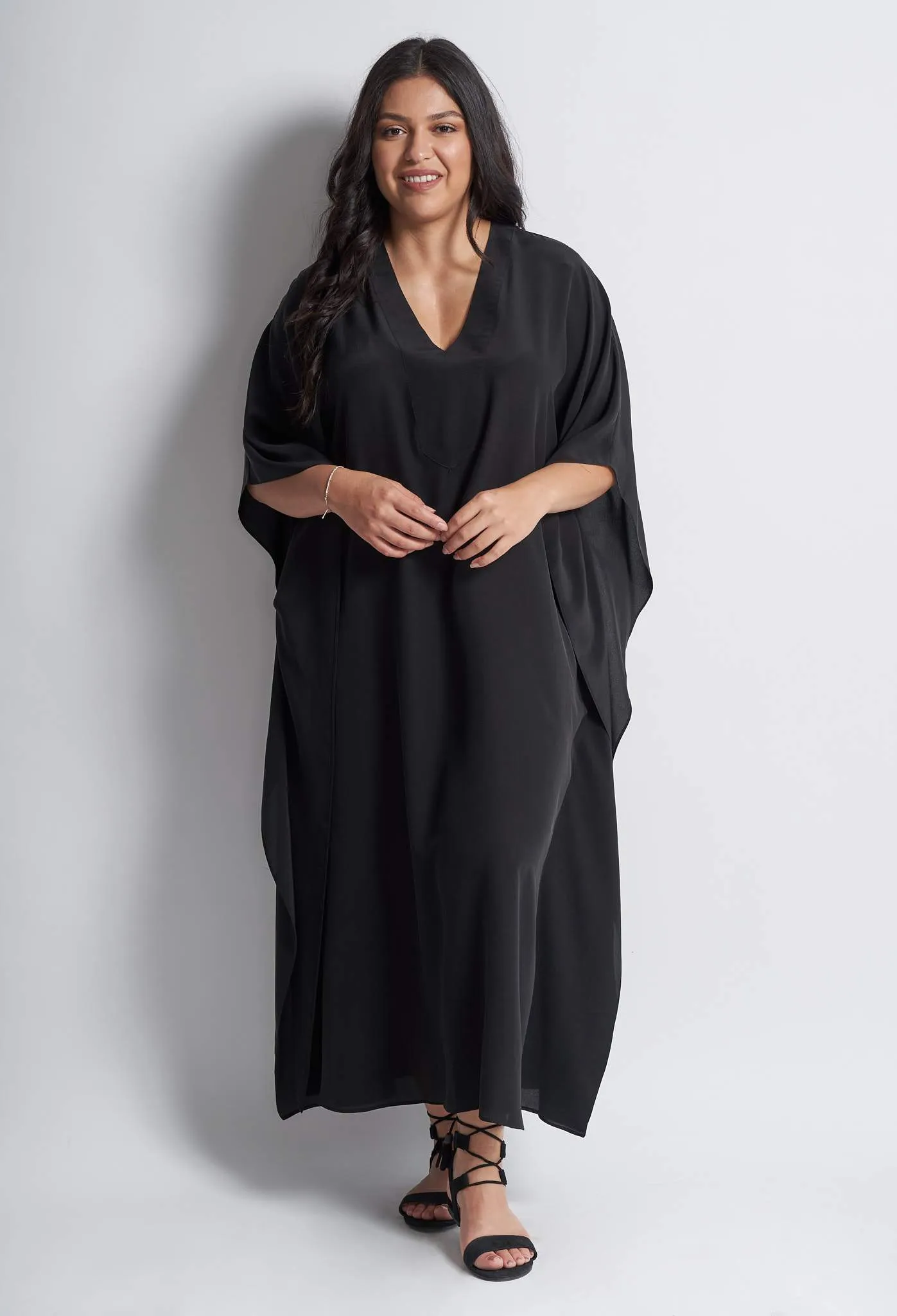 Black Silk V-Neck Placket Long Caftan