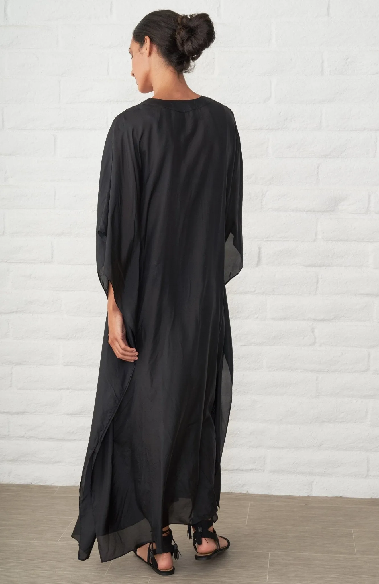 Black Silk V-Neck Placket Long Caftan