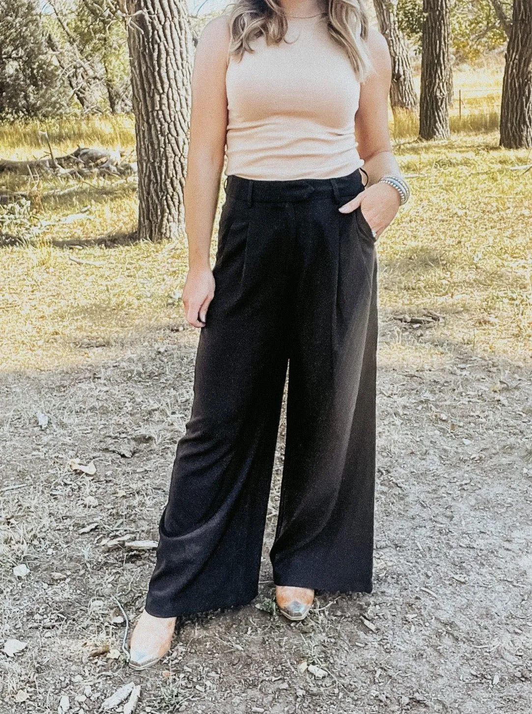 Black Wide Leg Woven Pants